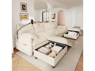 Canapé d'angle réversible convertible <strong></strong> <strong>BrimViber</strong> 6 places Tissu beige avec coffre de rangement