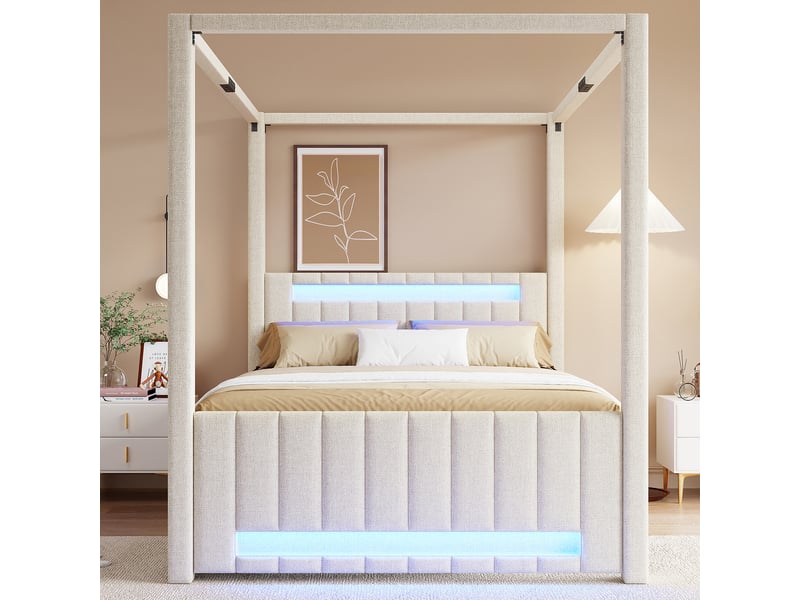 Lit à baldaquin rembourré 140x200 cm beige, couchage extractible, tiroirs et éclairage led  - Conforama C
