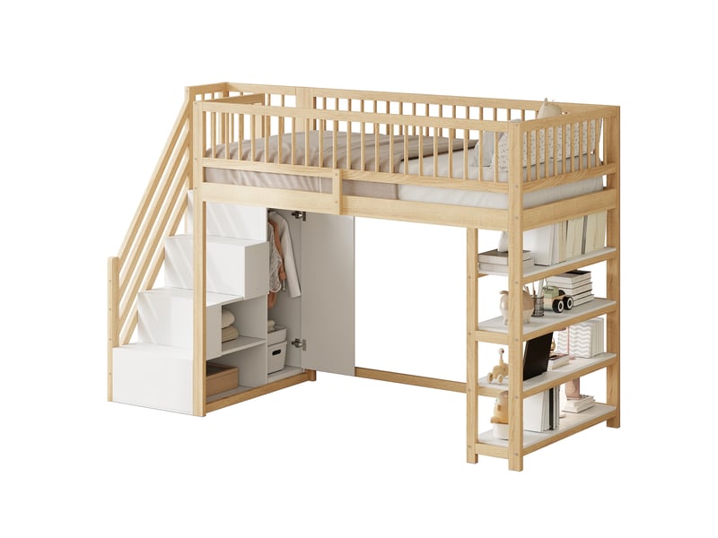  Lit mezzanine enfant 200×90 cm avec armoire, rangements, étagères et échelle, sommier inclus, sans matelas  - Conforama A