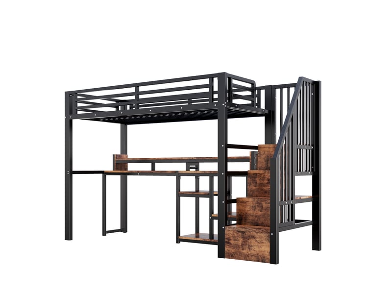  Lit mezzanine, 90 × 200 cm, noir, métal, led, usb + type-c, armoire-échelle, étagères, sans matelas, led pilotable par appli  - Conforama A