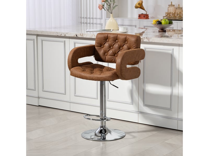  Tabouret de bar avec dossier et accoudoirs, hauteur réglable et repose-pieds, similicuir marron  - Conforama D
