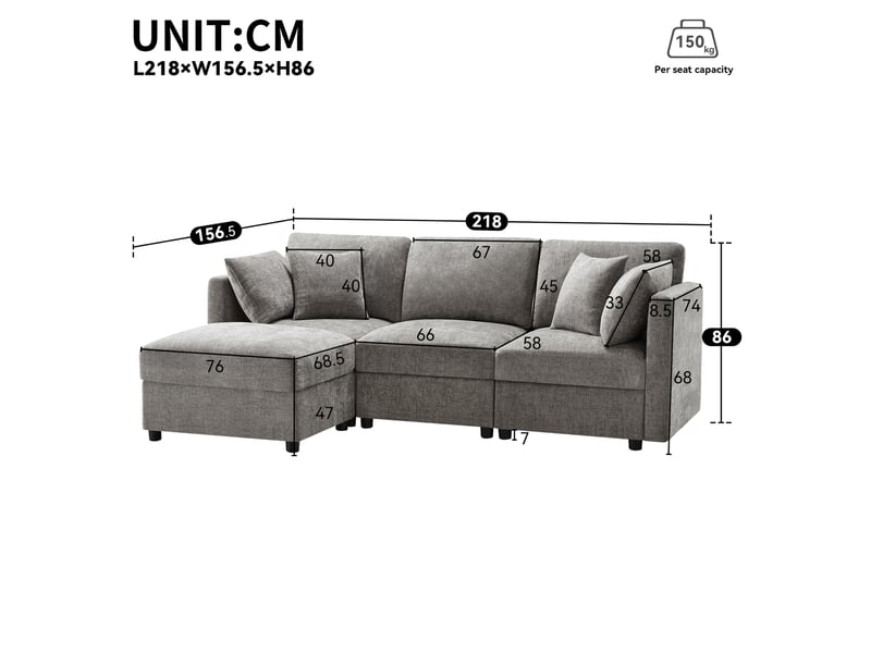  Canapé d’angle 218x156.5x86 cm accoudoirs réglables chenille gris  - Conforama E