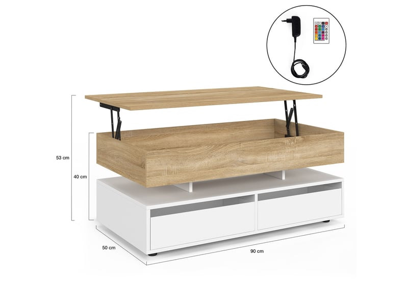  Table basse plateau relevable rectangulaire elsa 90 cm 4 tiroirs avec led en bois blanc et plateau façon hêtre  - Conforama E