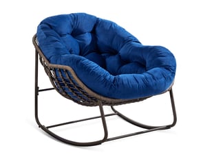 Rocking-chair en rotin avec coussin épais et structure en acier, assise large pour terrasse et jardin, bleu marine