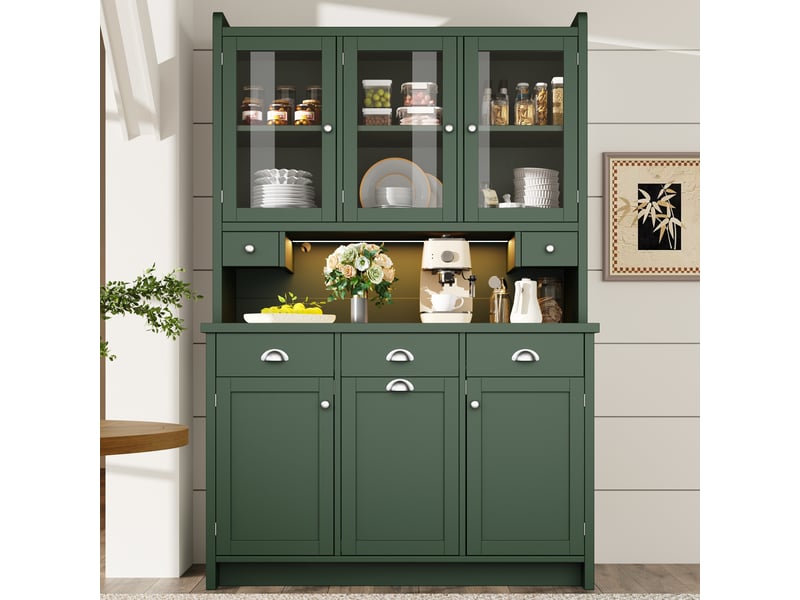 Meuble de cuisine 120 x 40 x 180 cm avec éclairage led, 3 portes vitrées, grand espace de rangement, vert evarich - Conforama B