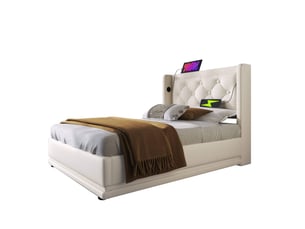 Lit coffre 90 x 200 cm blanc en pu avec tête de lit, éclairage led 3 côtés et fonction de charge usb type-c