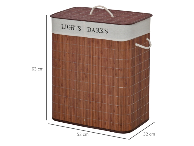  Panier à linge en bambou marron et blanc, 100 l, 52 x 32 x 63 cm, 3 poignées et sac en coton amovible lavable  - Conforama E