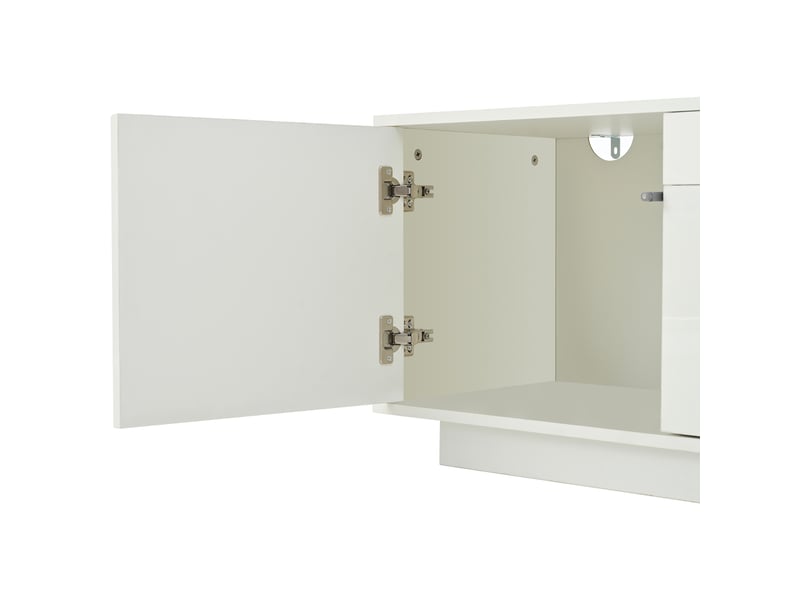  Meuble tv blanc brillant 180x40x45 cm – 2 tiroirs, 2 portes, led – tv jusqu'à 75 pouces  - Conforama E