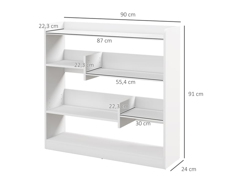  Bibliothèque étagère meuble de rangement dim. 90l x 24l x 91h cm 4 niveaux 3 panneaux arrières panneaux de particules blanc  - Conforama E