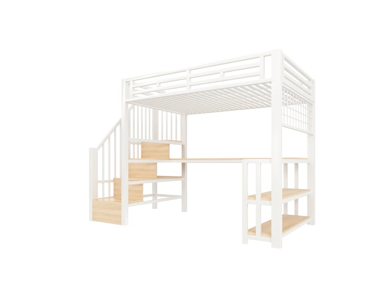  Lit mezzanine blanc 90 × 200 cm, bureau, led, rangements, 2 usb, type-c et grille suspendue  - Conforama E
