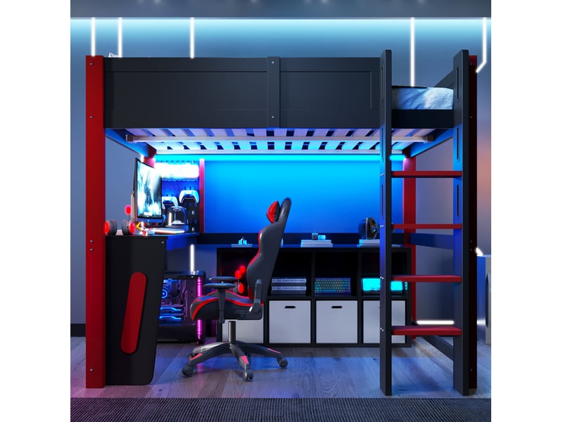  Lit mezzanine 140x200 cm, bureau panneau perforé, led réglable, garde-corps bois mdf noir naturel sans matelas  - Conforama B