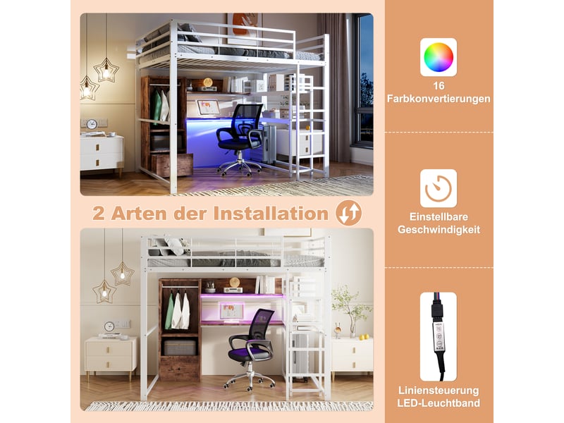 Lit mezzanine enfant 140x200 cm, led, bureau, tiroir, armoire, étagère, sommier, métal blanc, sans matelas - Conforama D