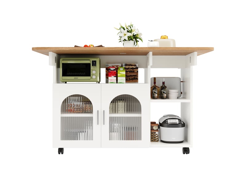  Îlot de cuisine avec plateau rabattable et desserte de cuisine sur roulettes, meuble de rangement blanc en mdf avec portes en verre, 120x70x79.5cm  - Conforama A