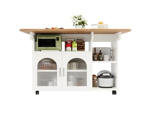 Îlot de cuisine avec plateau rabattable et desserte de cuisine sur roulettes, meuble de rangement blanc en mdf avec portes en verre, 120x70x79.5cm