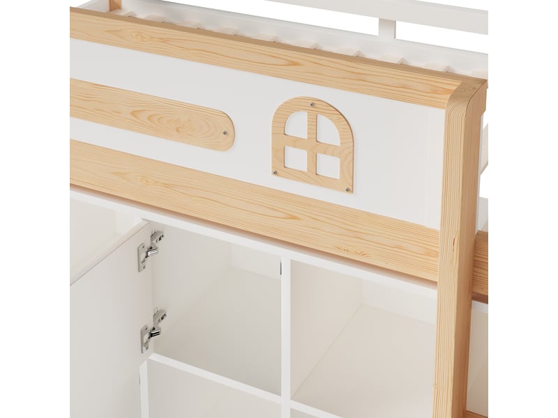  Lit mezzanine enfant 90×200 cm avec tableau noir, rangements et échelle, pin et mdf blanc naturel sans matelas  - Conforama D