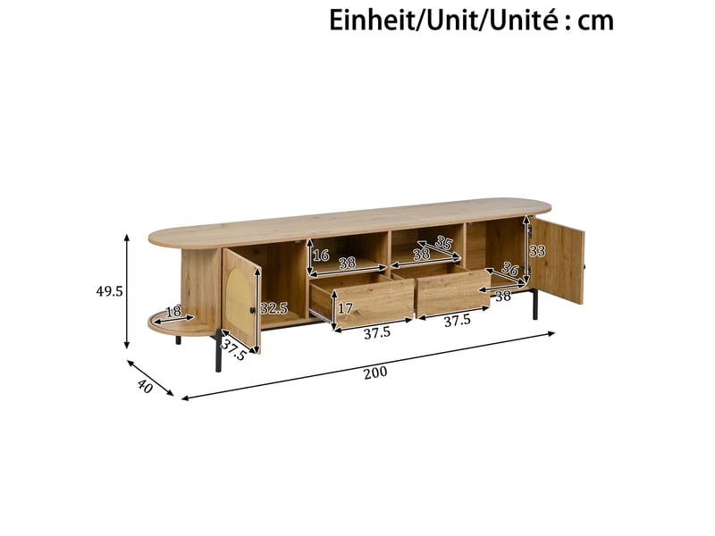  Meuble tv naturel 200x40x49,5 cm avec portes coulissantes, portes en rotin, tiroirs et pieds métal noir  - Conforama C