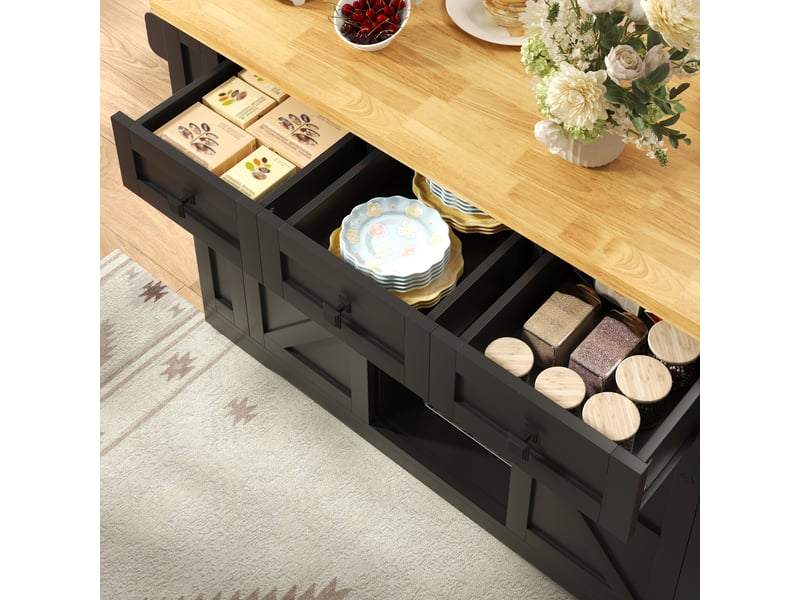  Îlot de cuisine mobile 130 x 50-80 x 87 cm, plateau rabattable, prises, 3 tiroirs et portes coulissantes, noir  - Conforama E