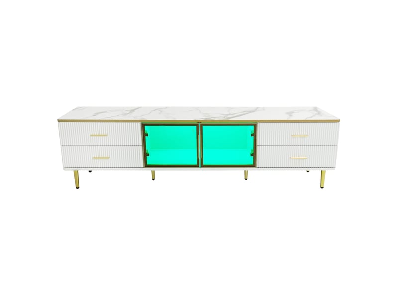  Meuble tv led 170 x 37 x 47,5 cm effet marbre, 4 tiroirs texturés, 2 portes en verre trempé et détails dorés  - Conforama A