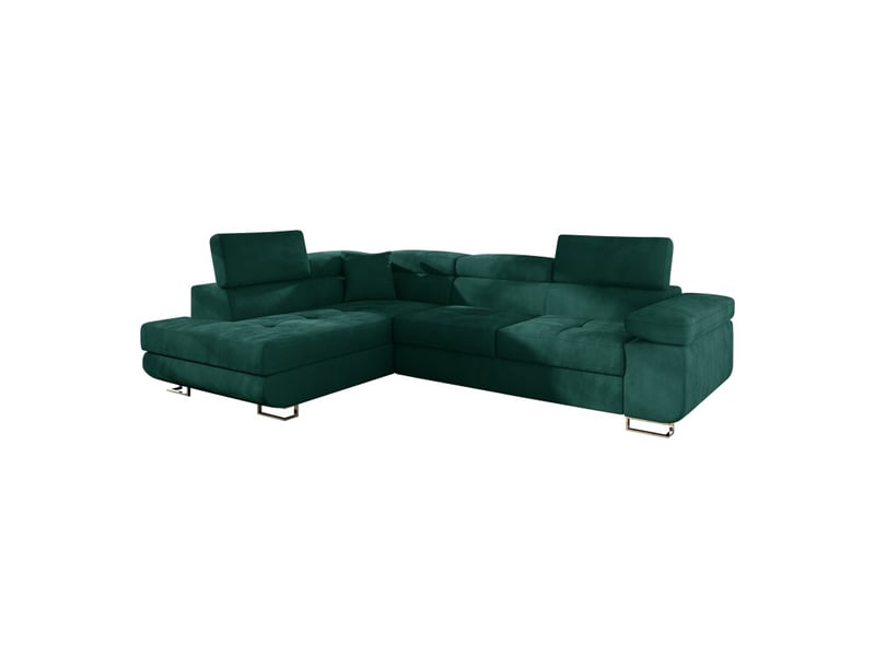  Canapé d'angle convertible menton vert canard velours – angle gauche avec coffre  - Conforama E