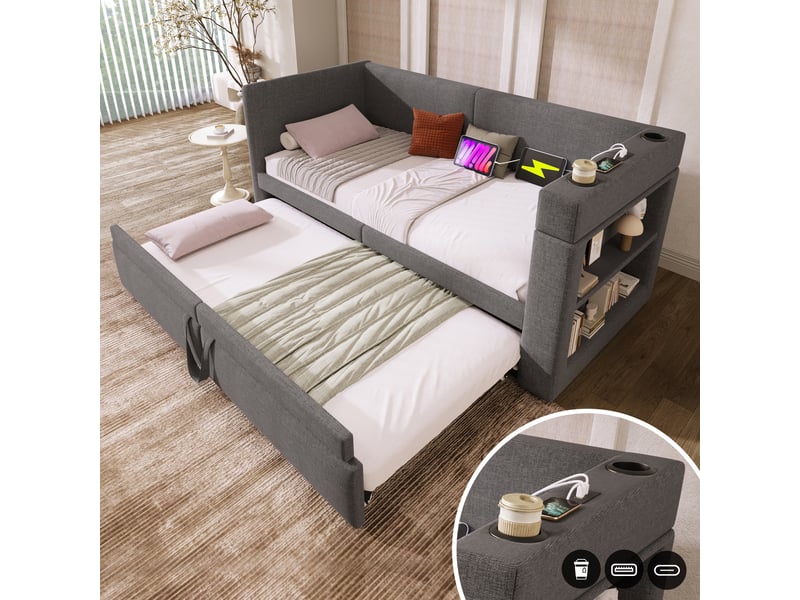  Canapé convertible gris en tissu coton lin avec lit extensible et ports usb  - Conforama B