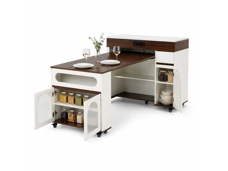  Desserte de cuisine extensible avec 1 tiroir, portes vitrées, roulettes et prises intégrées pour cuisine et salle à manger  - Conforama A