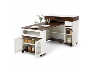 Desserte de cuisine extensible avec 1 tiroir, portes vitrées, roulettes et prises intégrées pour cuisine et salle à manger