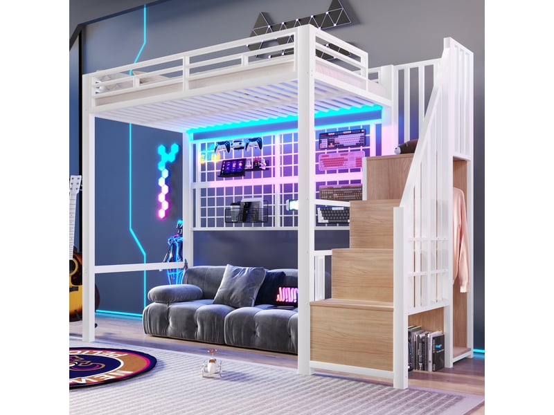  Lit mezzanine multifonctionnel 90 x 200cm sans matelas, structure métal, armoire, échelle rangement, led, blanc  - Conforama C