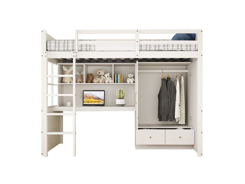  Lit mezzanine 90x200 cm avec bureau et armoire - lit simple - tiroirs de rangement et échelle, garde-corps de sécurité,lit ado,blanc  - Conforama A