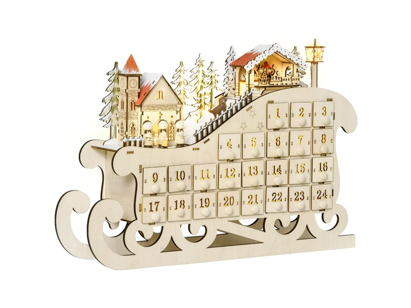  Calendrier de l'avent en bois lumineux frome de traineau - 10 lumières blanc chaud - 24 tiroirs - décoration lumineuse de noël  - Conforama A