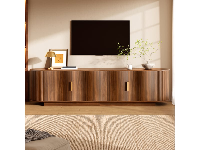  Meuble tv bas en noyer, avec quatre portes, structure ondulée, poignées métalliques, grand espace de rangement  - Conforama B