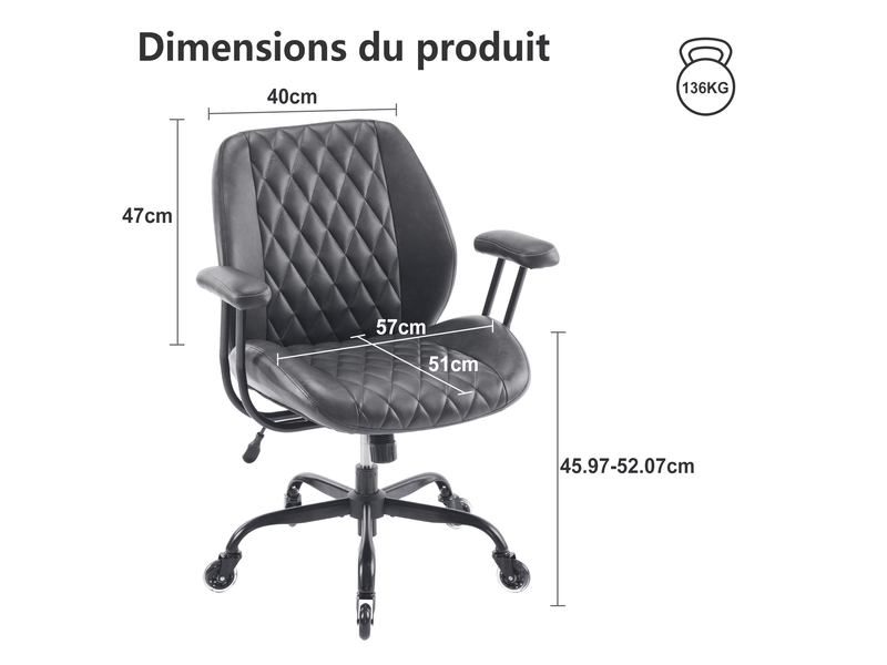  Chaise de bureau ergonomique avec soutien lombaire, hauteur réglable, roulettes silencieuses en cuir noir  - Conforama D
