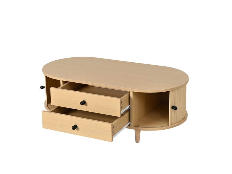 Table basse bois clair avec portes coulissantes et 2 tiroirs, pieds en bois massif, 100x50x36 cm - Conforama W
