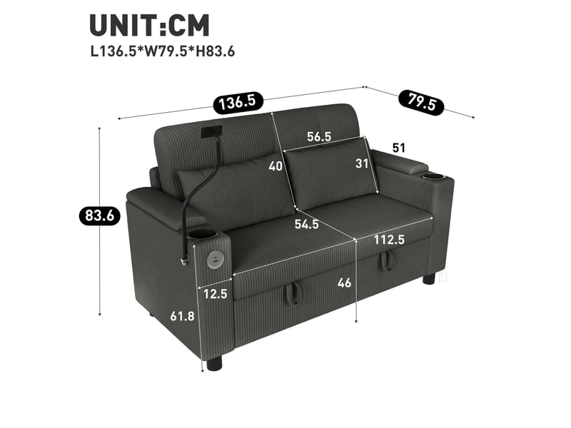  Canapé 2 places 136,5x79,5x83,6 cm rangement intégré bois gris  - Conforama E