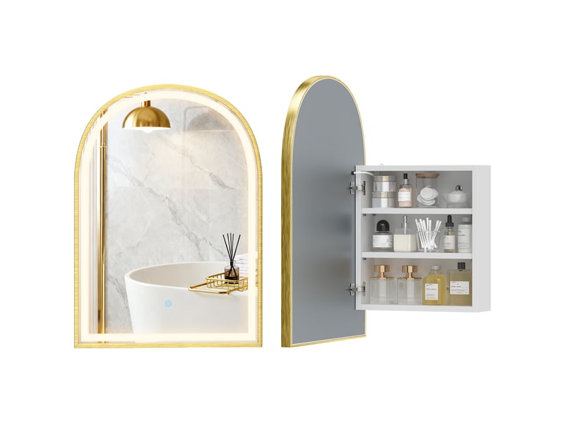  Armoire murale salle de bain avec miroir et éclairage led, porte arquée, anti-buée, 50x14,5x70cm, doré  - Conforama B