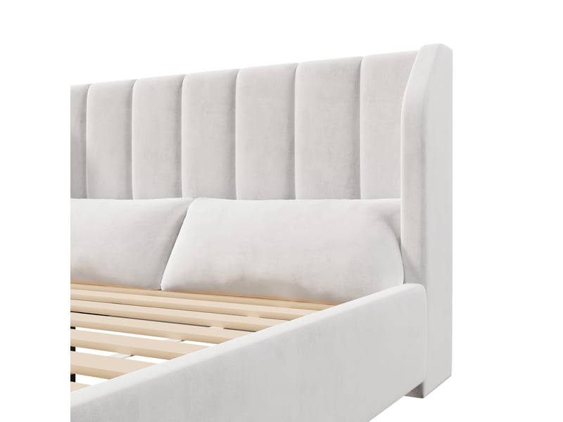  Lit coffre 140x200 cm beige, tissu velours français, tête de lit capitonnée, sommier à lattes inclus, 2 coussins offerts, charge 220 kg  - Conforama E