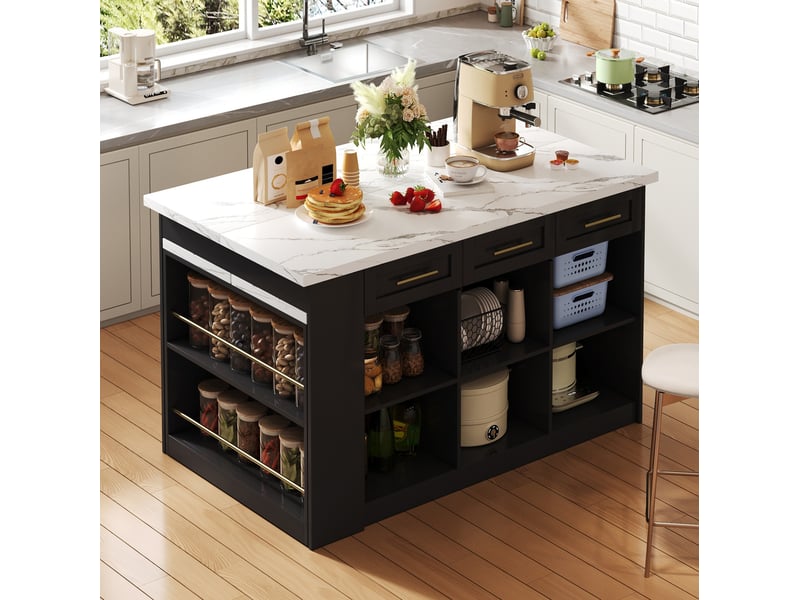  Îlot de cuisine multifonction 150 x 90 cm avec table extensible noir et blanc  - Conforama B