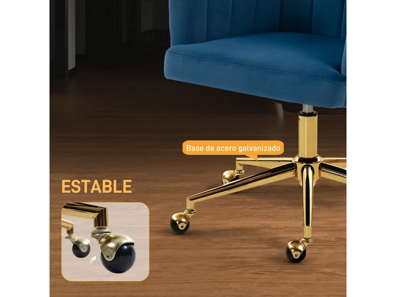Chaise de bureau en velours bleu à roulettes réglable, dossier rembourré et base dorée - Conforama W
