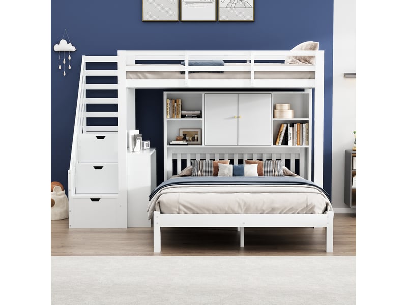  Lit superposé 90x200 et 140x200 enfant avec rangement escalier et table mobile bois massif blanc  - Conforama R