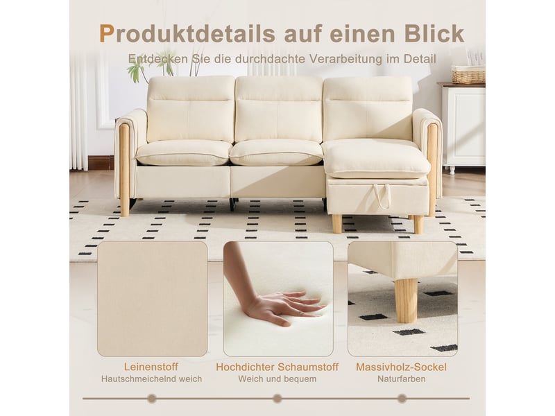  Canapé d'angle 3 places en tissu chenille beige, avec pouf à rangement, poches latérales, pieds en bois  - Conforama D