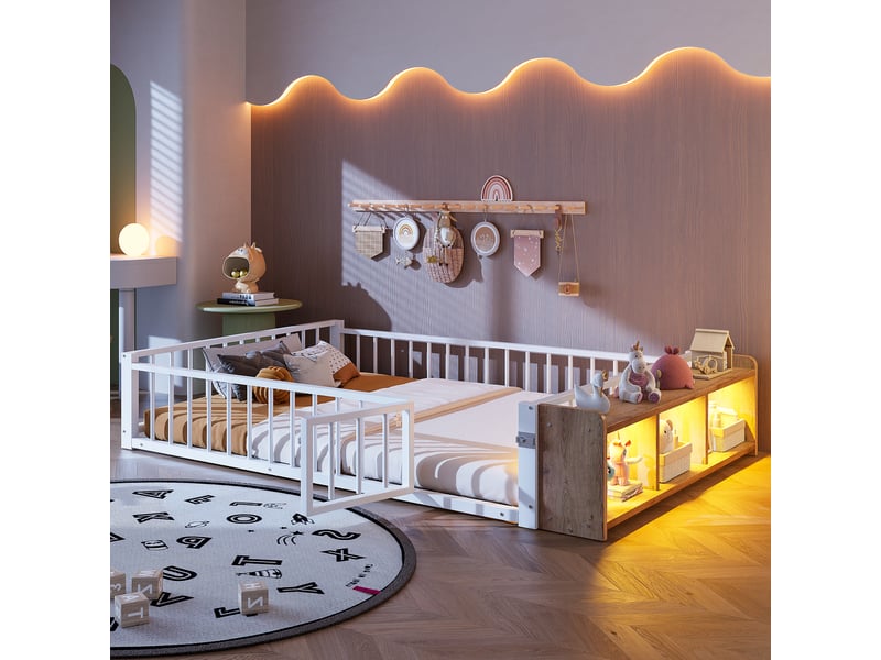  Lit enfant blanc avec rangement et éclairage led, lit en métal 140x200 avec barrière de sécurité, sans matelas.  - Conforama B