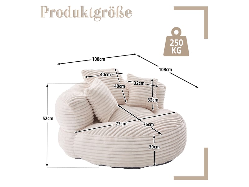  Fauteuil inclinable - à dossier haut - avec 3 coussins - résistant et confortable - velours côtelé - beige  - Conforama E