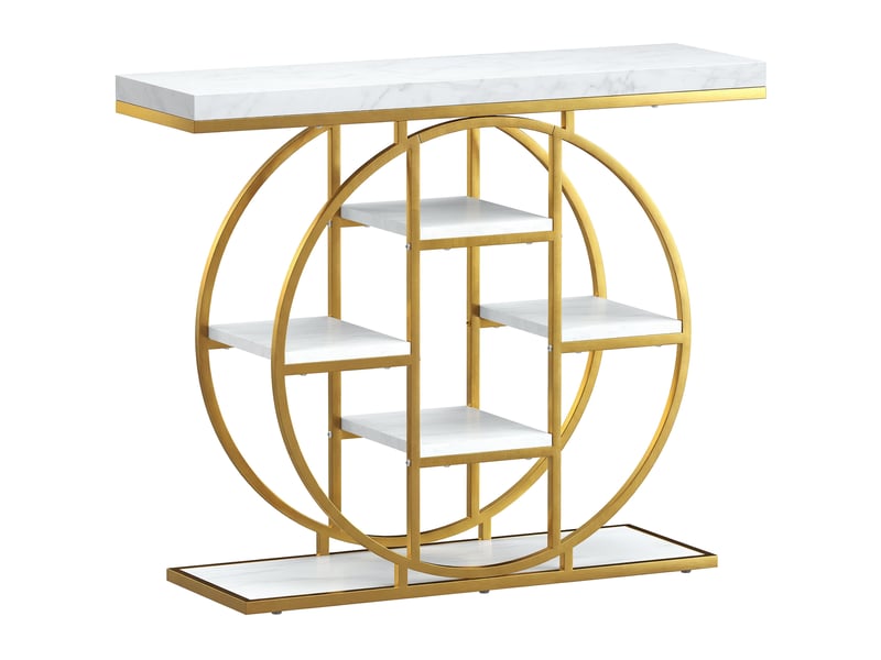  Console design industriel arrondi 5 étagères épais plateau métal doré effet marbre blanc  - Conforama A