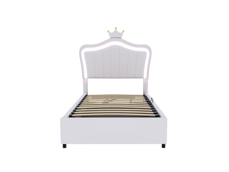 Lit enfant 90x200 cm en similicuir blanc, couronne, led, tête de lit réglable et coffre hydraulique - Conforama A