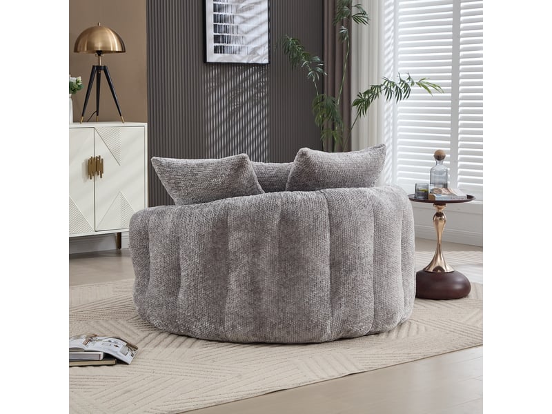  Fauteuil 1 place - 190x138x83cm - fauteuil rond oversized en polyester moderne et moelleux avec pouf et coussins - gris clair  - Conforama D