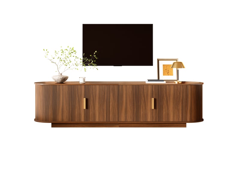  Meuble tv 4 portes avec rangement, portes à structure ondulée, poignées métalliques pour salon, en bois noyer  - Conforama A