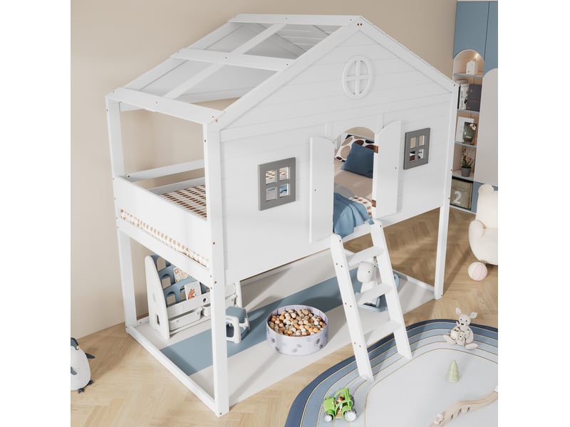  Lit mezzanine 90x200cm, sommier, escalier intégré, porte, lit cabane, 2 fenêtres, en bois+mdf blanc, sans matelas  - Conforama E