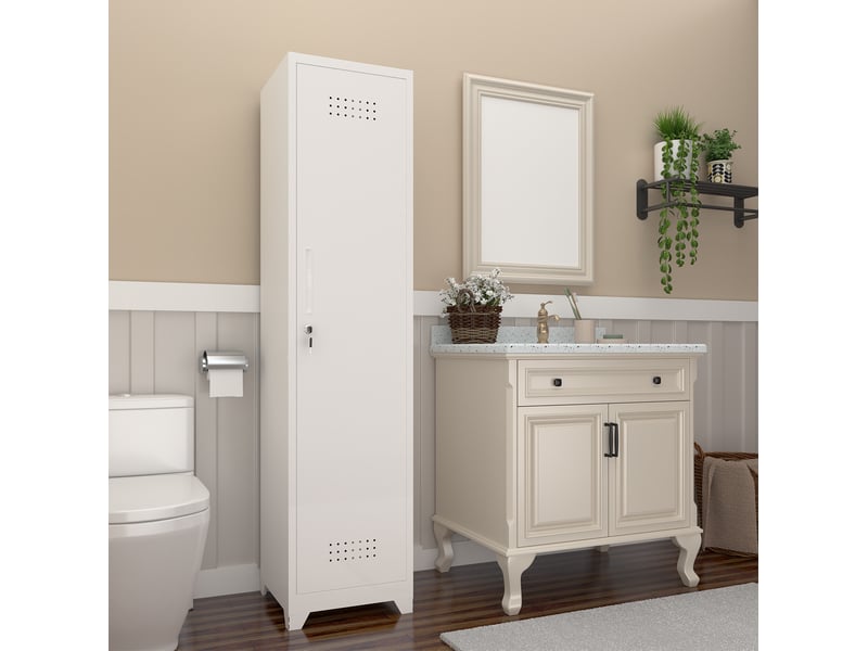  Armoire de rangement pour produits d'entretien 40x40x165 cm blanche en métal, serrure et tringle réglable  - Conforama D