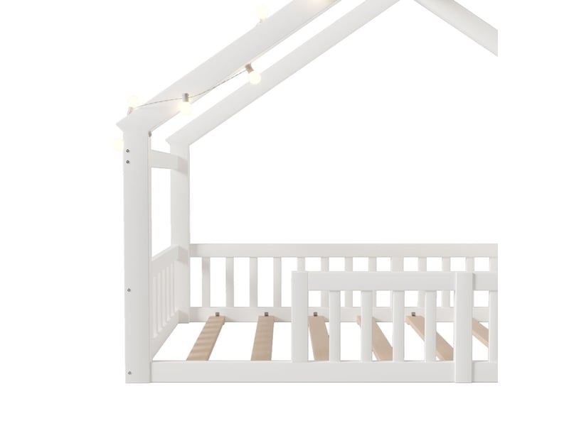  Lit enfant 90x190, garde-corps haut sécurité lit cabane enfant, rangement intégré, structure bois massif  - Conforama D