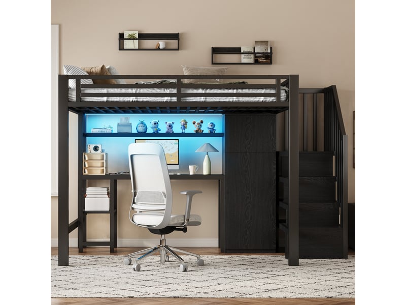 Lit mezzanine 140x200 cm noir, avec bureau, rangements, penderie, led, escalier de rangement, structure métal, sommier inclus, sans matelas - Conforama W