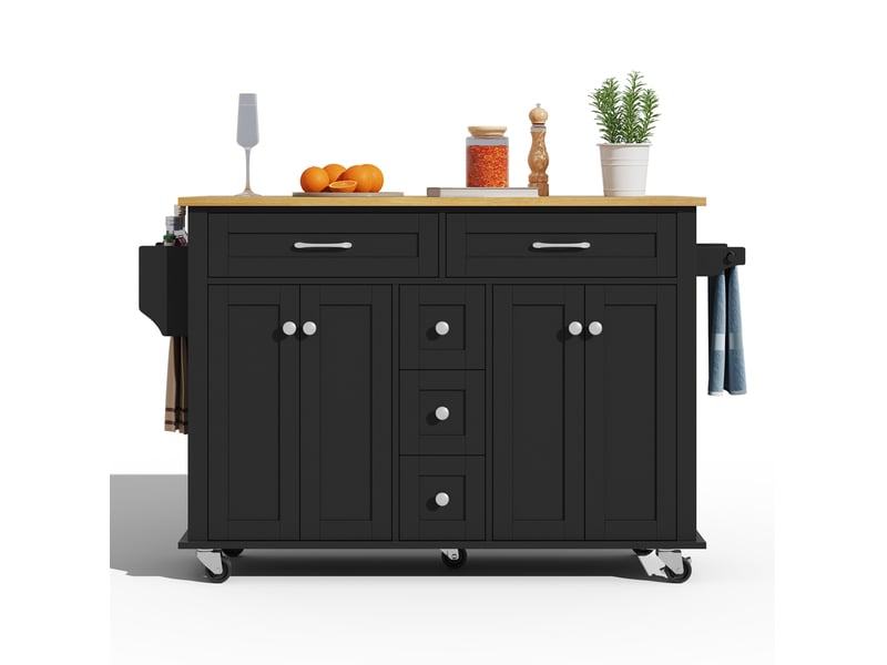 Desserte de cuisine 140x65x89 cm noire et naturelle avec plateau rabattable, 5 tiroirs - Conforama A
